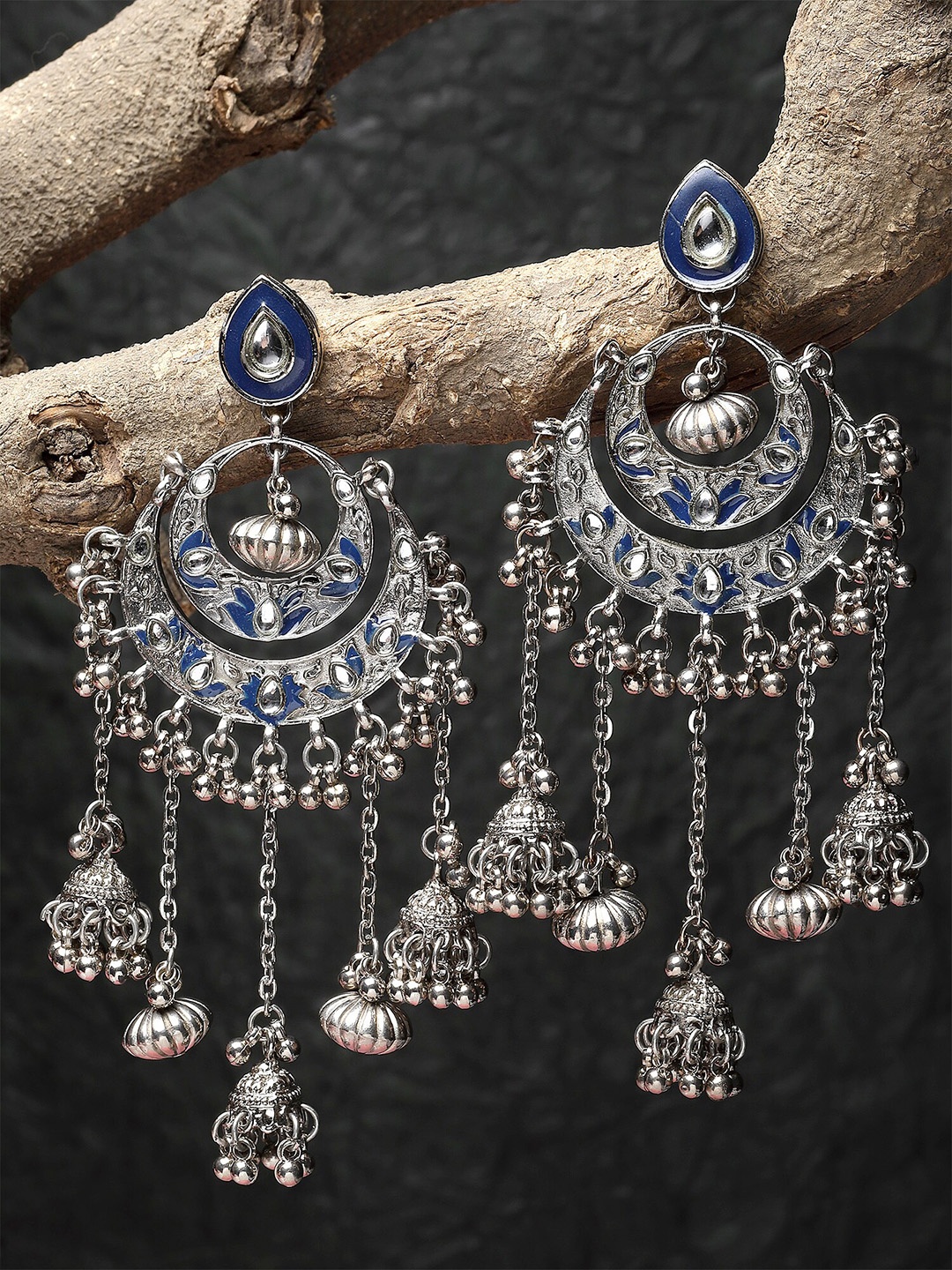 

KARATCART Silver-Plated Kundan-Studded Oxidised Chandbalis