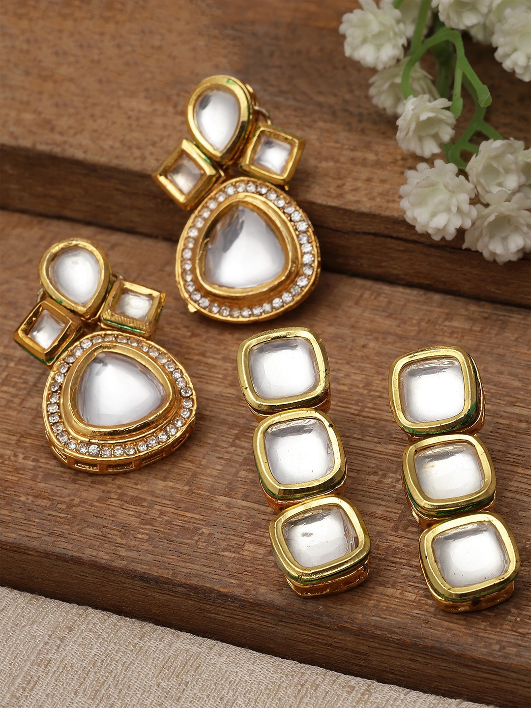 

KARATCART Gold Plated Set of 2 Polki Kundan Studded Drop Earrings