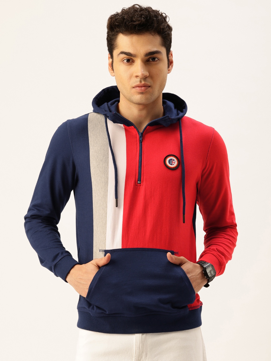 

Peter England Colourblocked Hooded Sweatshirt, Navy blue