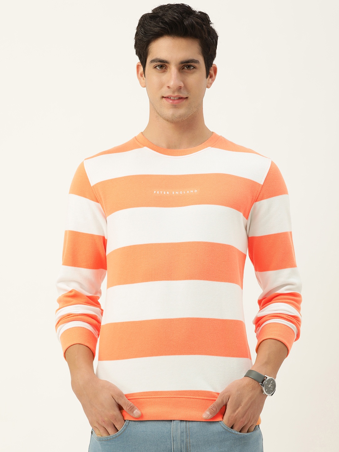 

Peter England Striped Sweatshirt, Orange
