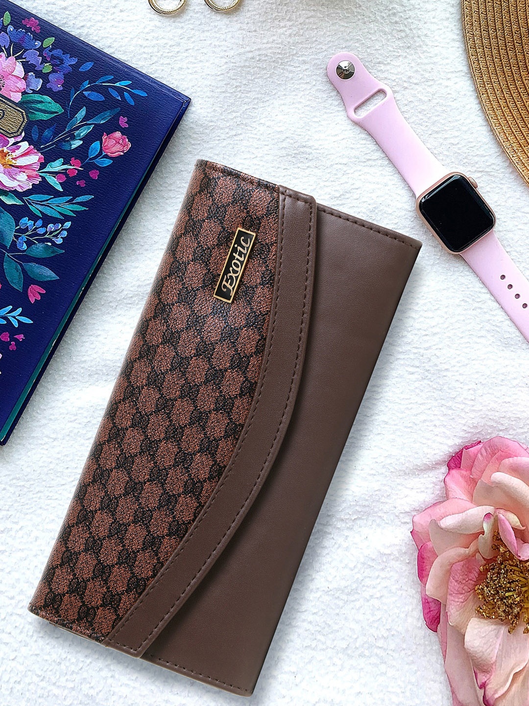 

Exotic Printed Foldover Clutch, Brown