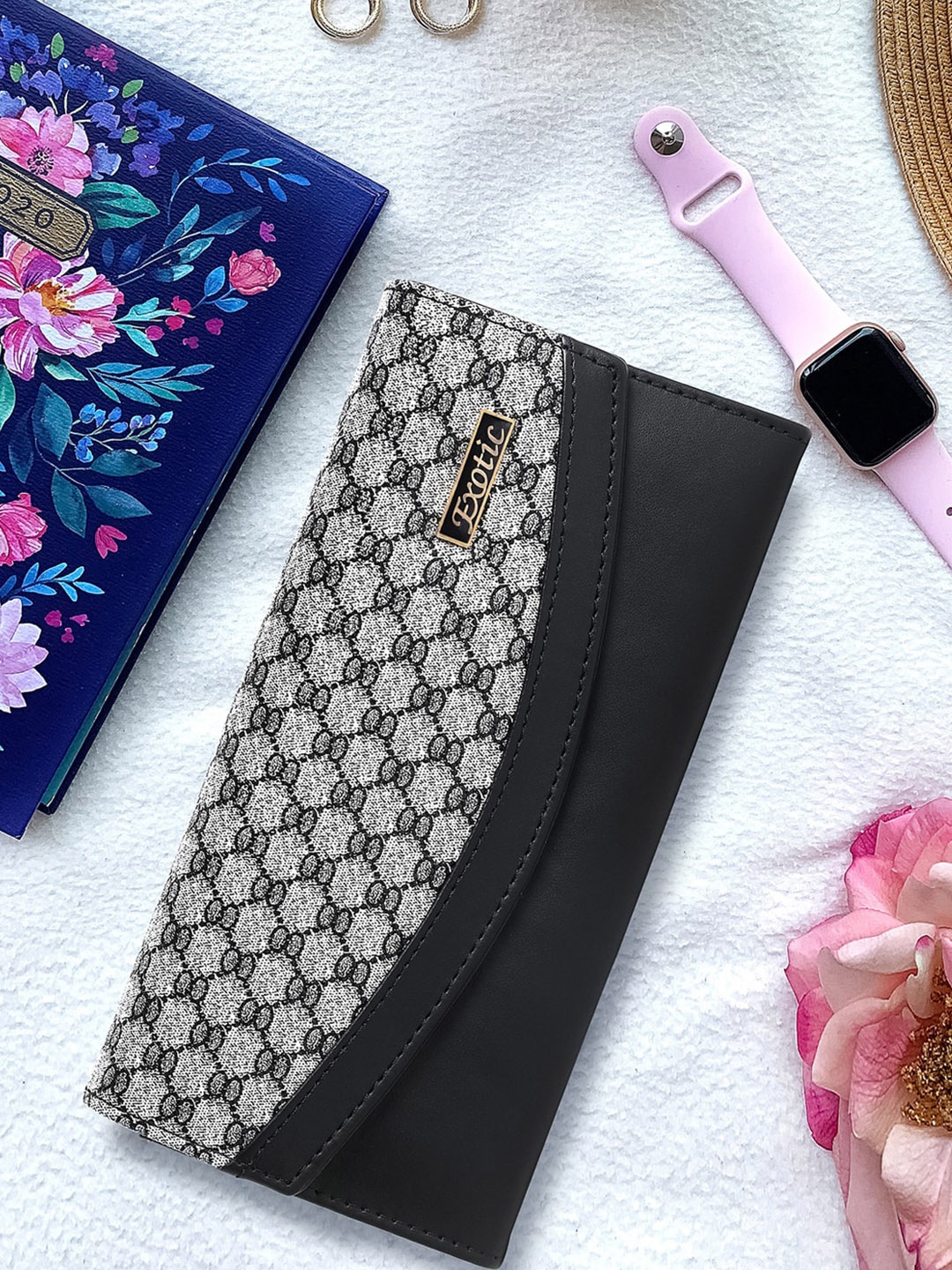 

Exotic Printed Foldover Clutch, Black