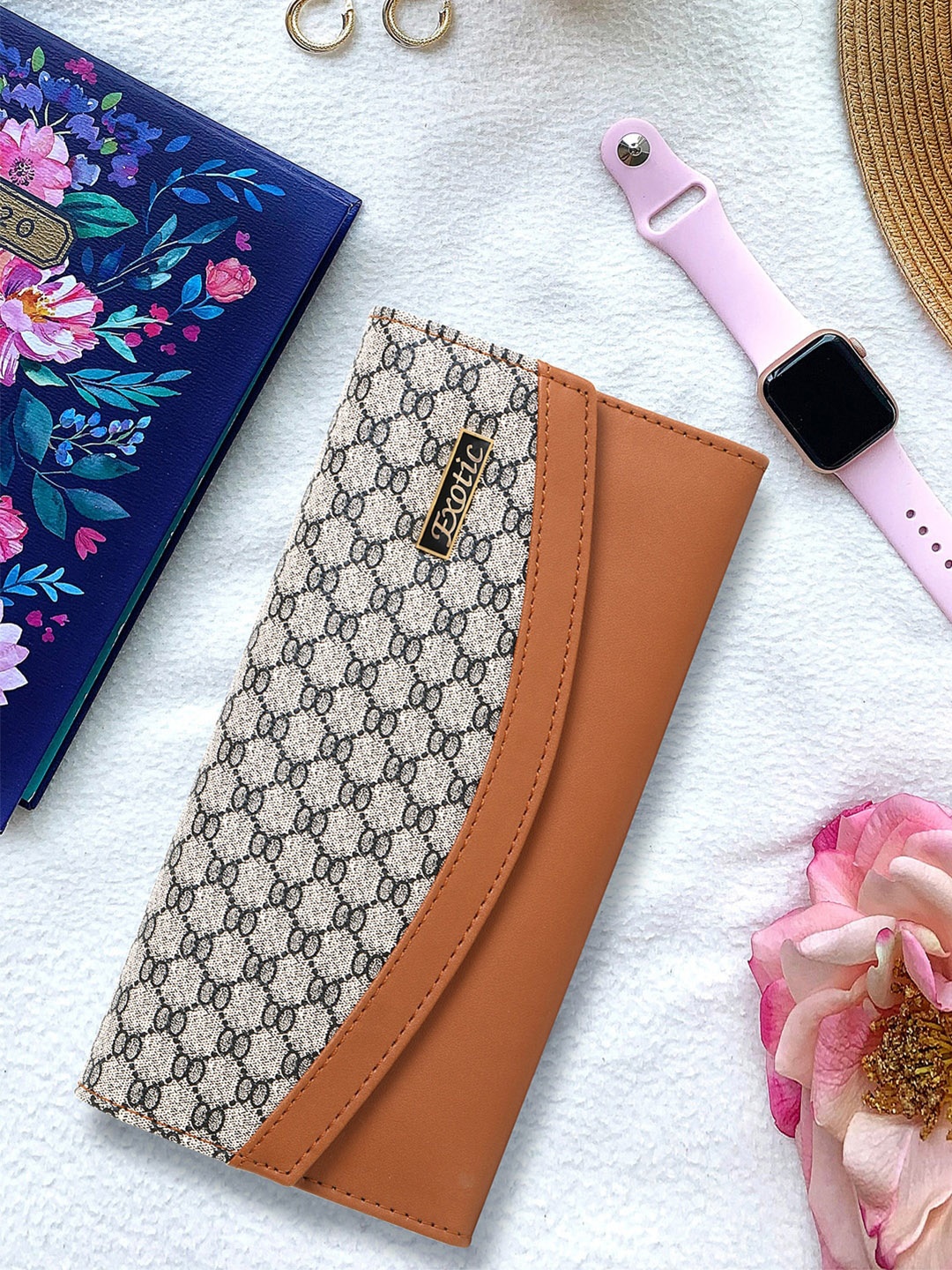 

Exotic Printed Foldover Clutch, Tan