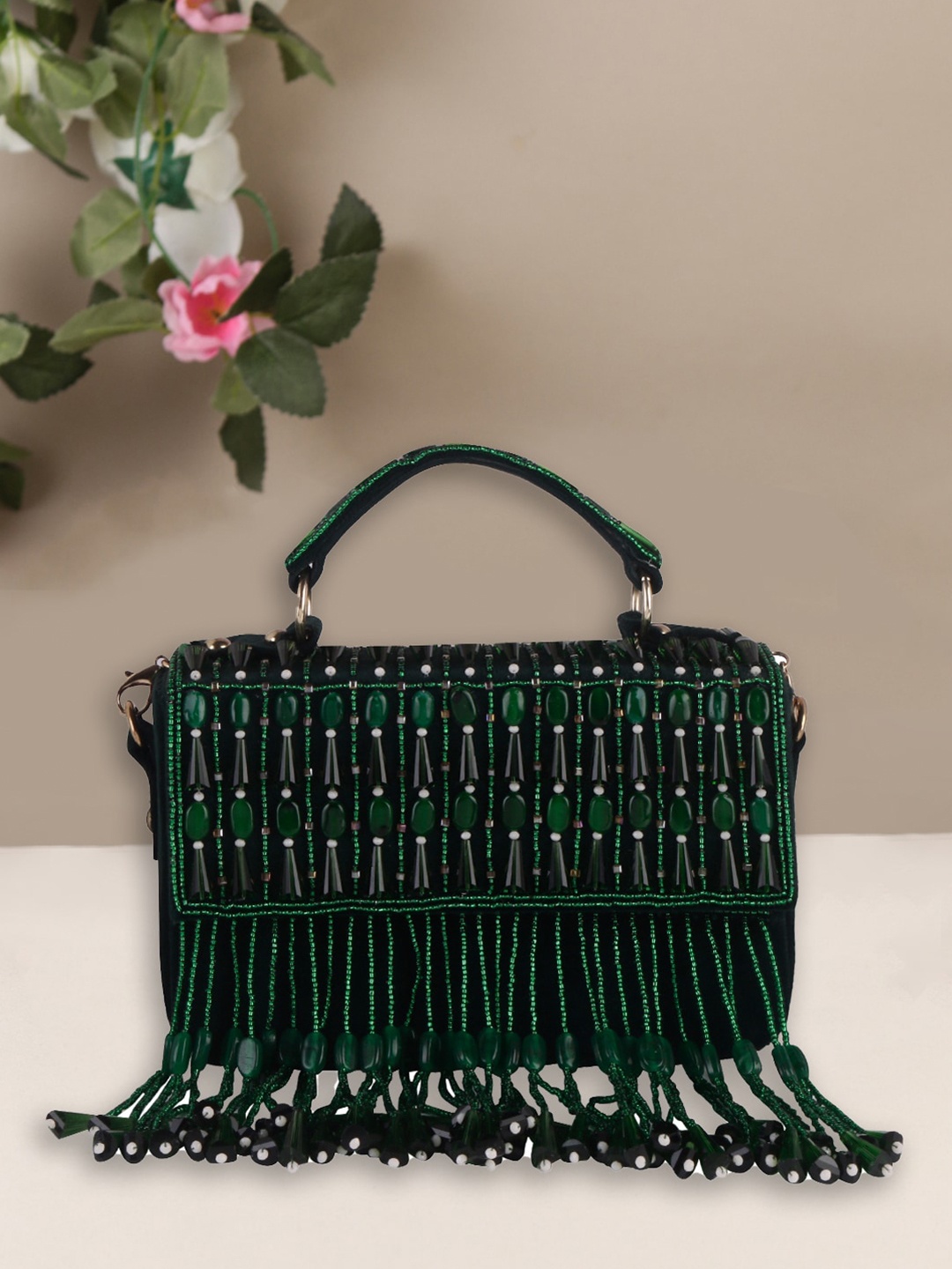 

Swisni Embellished Foldover Clutch With Beaded Tassel, Green
