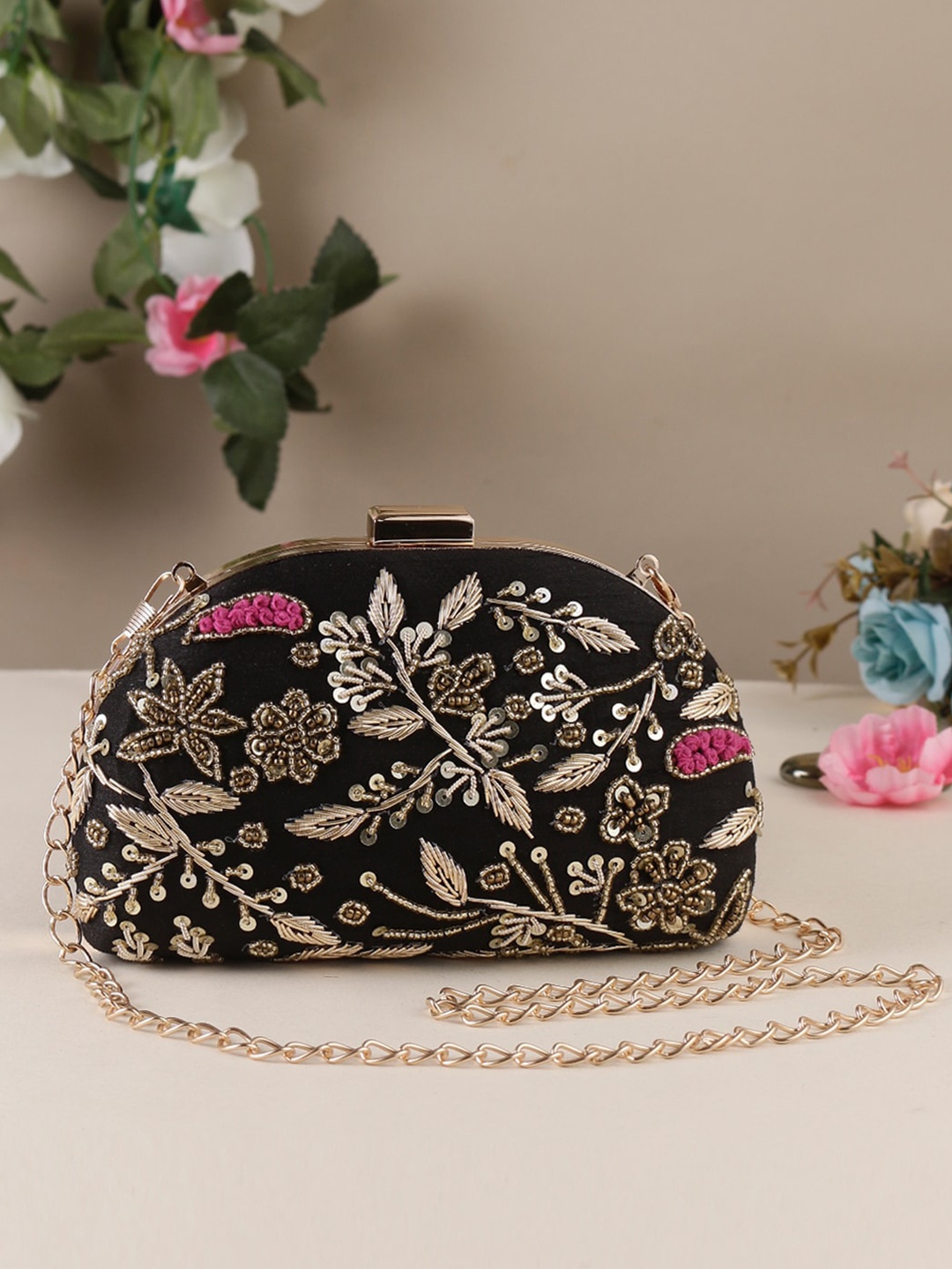 

Swisni Embroidered Embellished Box Clutch, Black