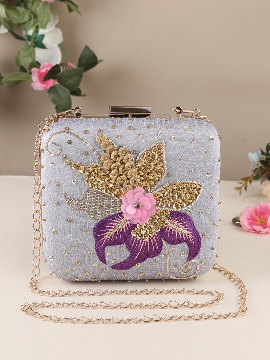 

Swisni Embellished Box Clutch, Grey