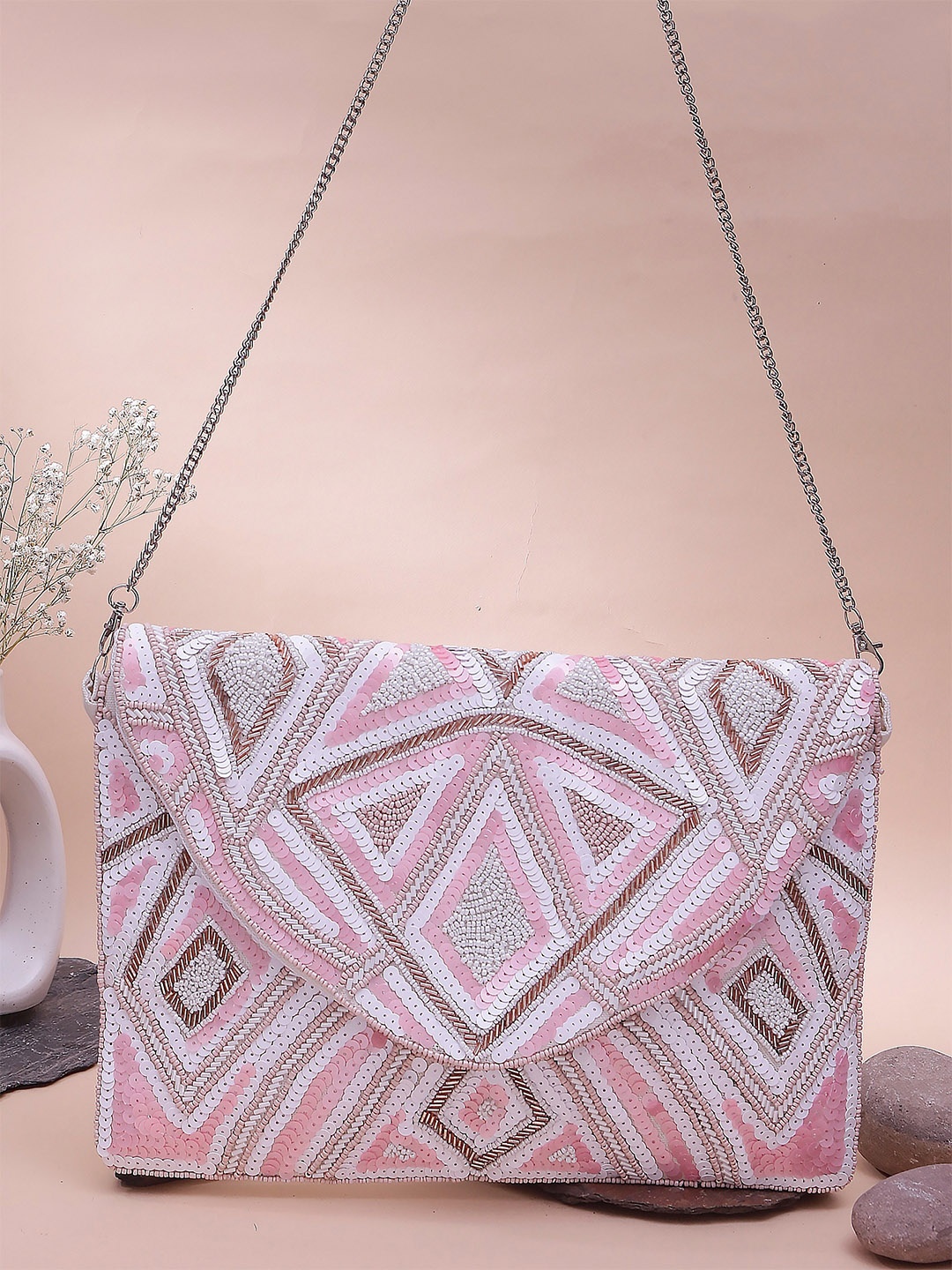 

Swisni Beaded Embellished Envelope Clutch, Pink