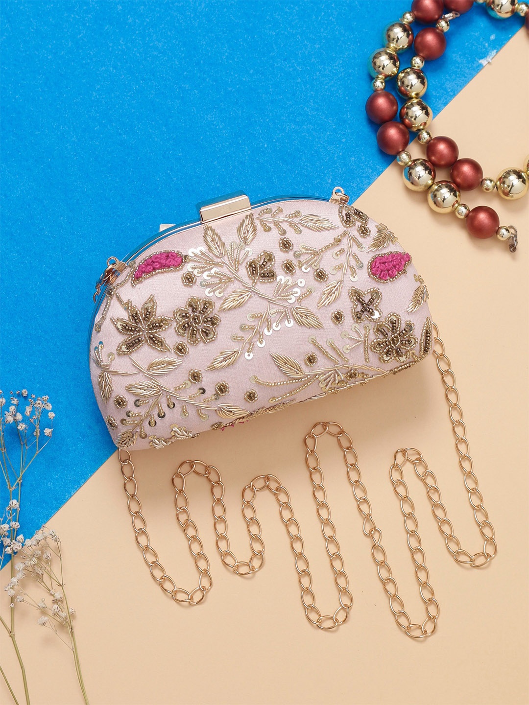 

Swisni Embroidered Embellished Box Clutch, Peach