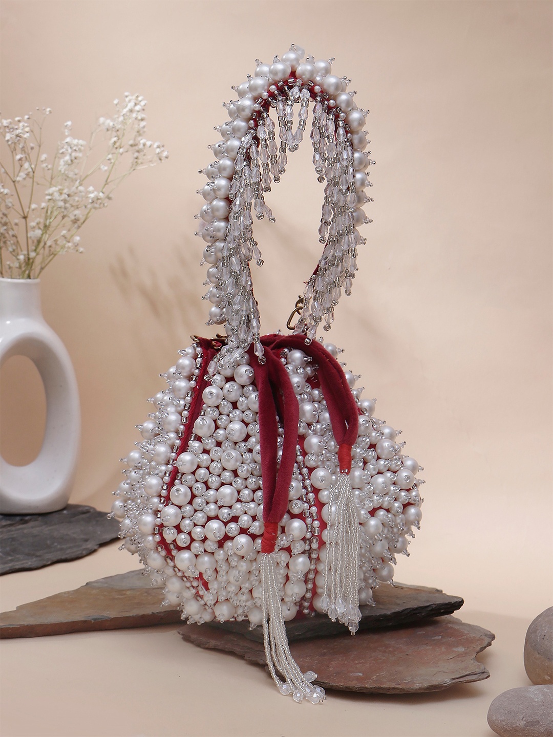 

Swisni Embellished Potli Clutch With Beaded Tassel, Red