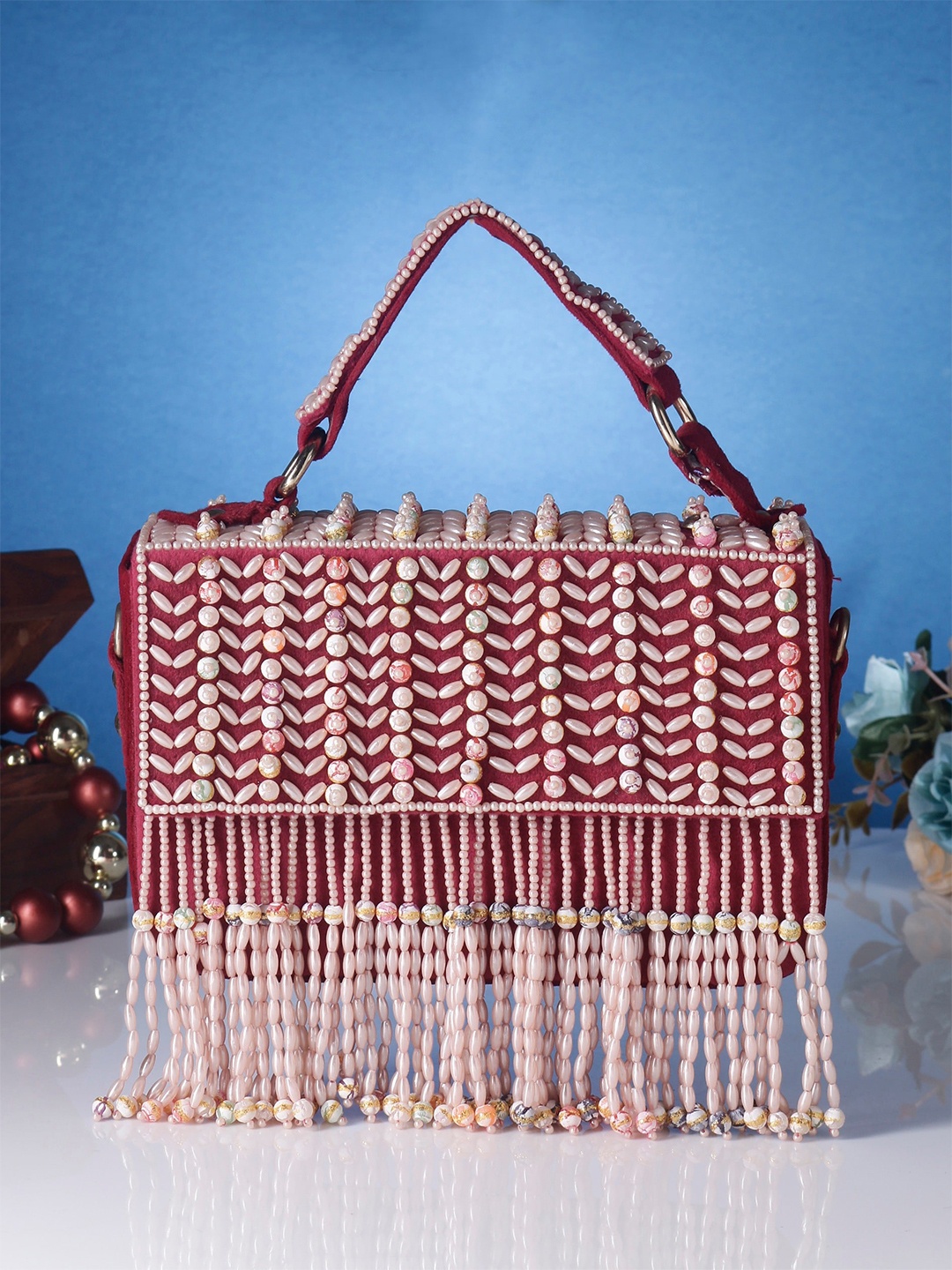 

Swisni Embellished Foldover Clutch With Beaded Tassel, Maroon