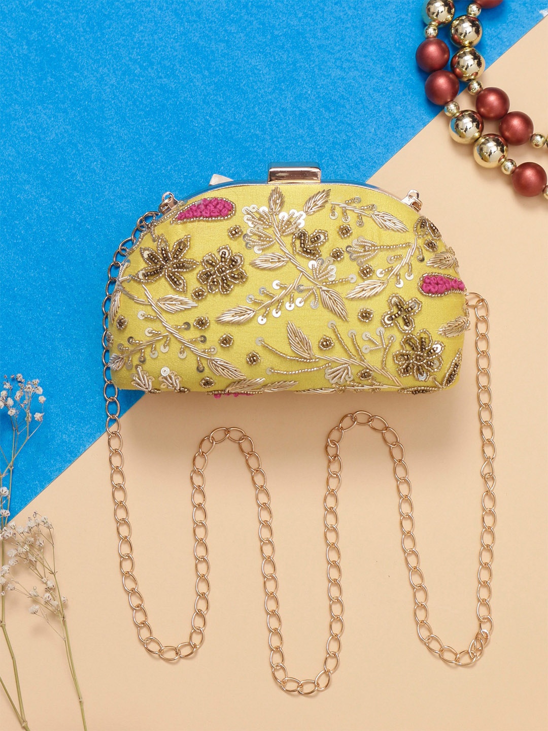 

Swisni Embroidered Embellished Box Clutch, Yellow