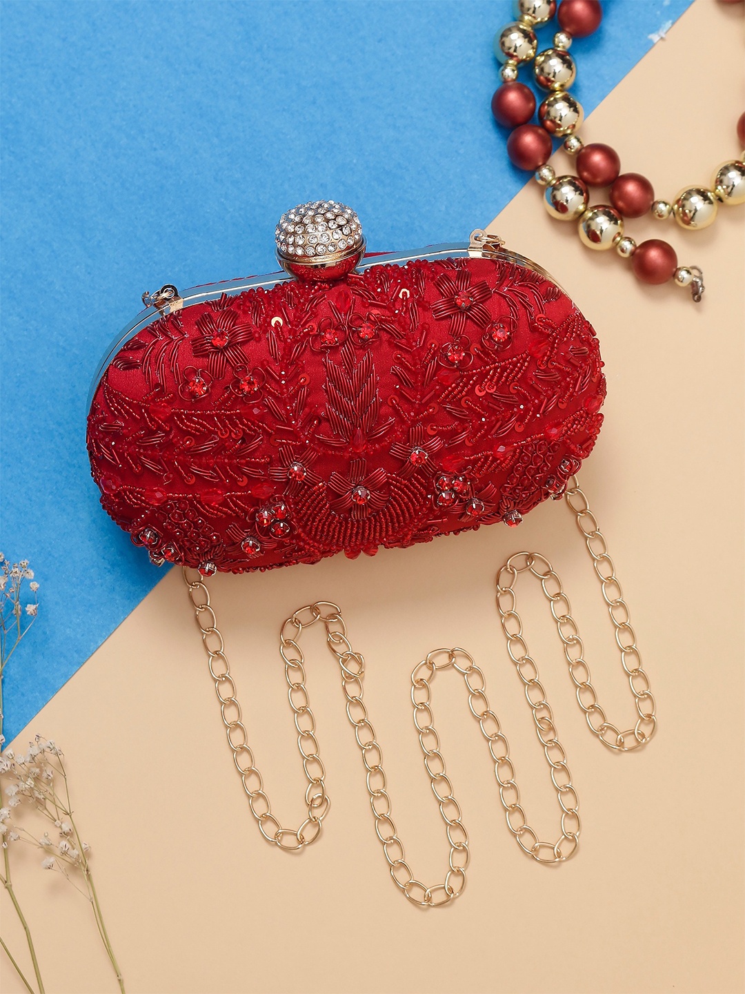 

Swisni Embroidered Box Clutch, Red