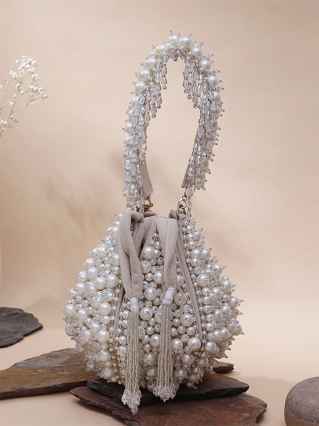 

Swisni Embellished Potli Clutch With Beaded Tassel, Cream