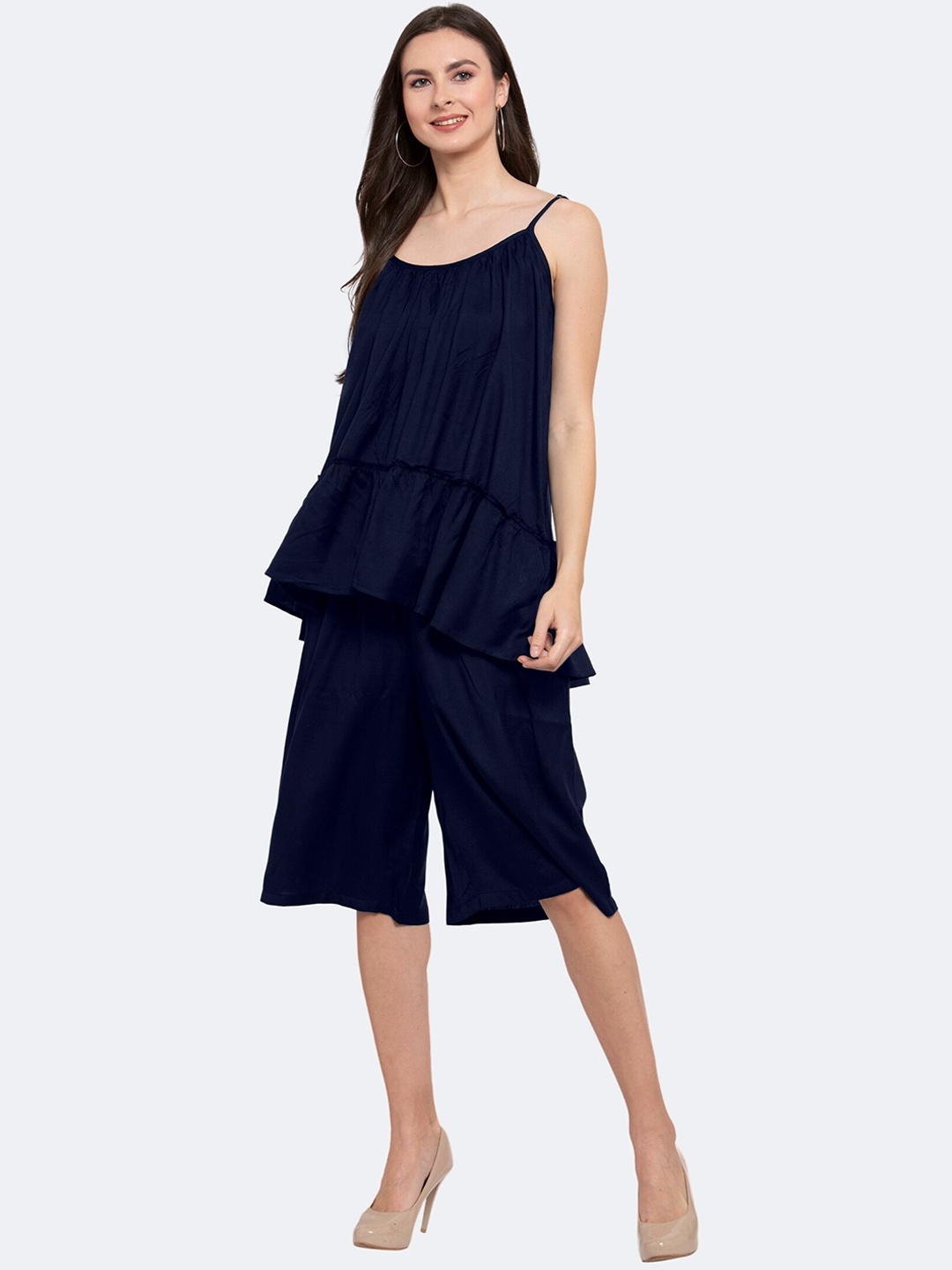

PATRORNA Shoulder Straps Flounce Longline Top With Capri, Navy blue