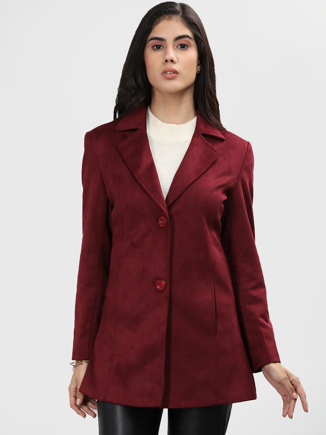 

LURE URBAN Notched Lapel Woollen Longline Overcoat, Maroon