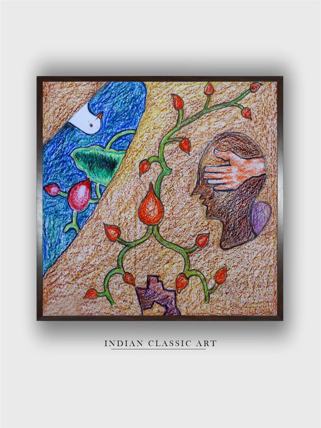 

INDIAN CLASSIC ART Brown & Blue Indian Folk Painting Wall Art
