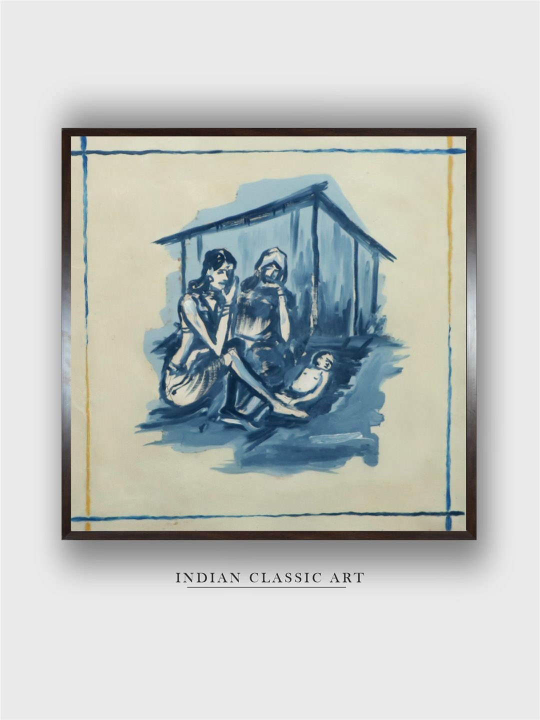 

INDIAN CLASSIC ART Cream Colored & Blue Indian Folk Painting Wall Art