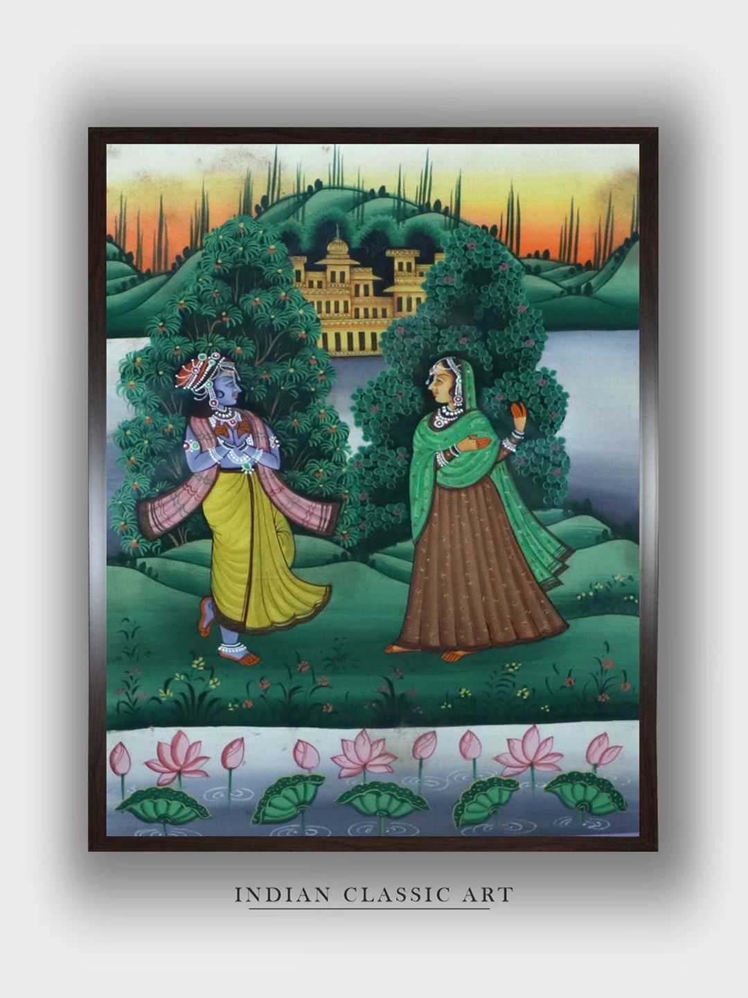 

INDIAN CLASSIC ART Green & Brown Radha Krishna Framed Painting Wall Art