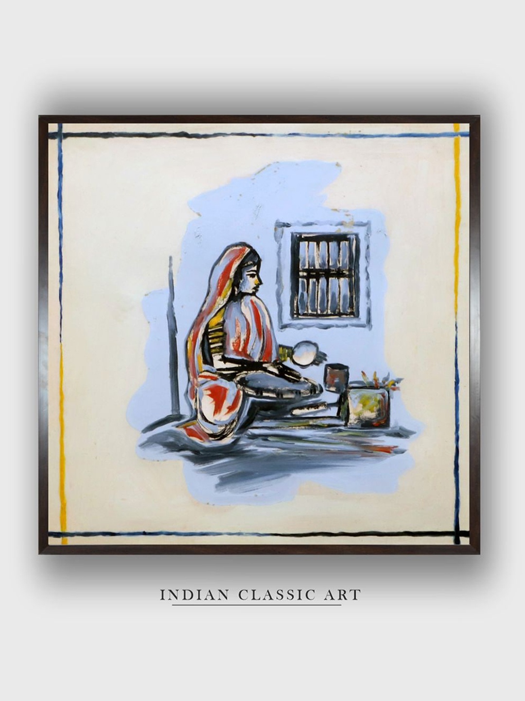 

INDIAN CLASSIC ART Beige & Blue Indian Folk Painting Wall Art