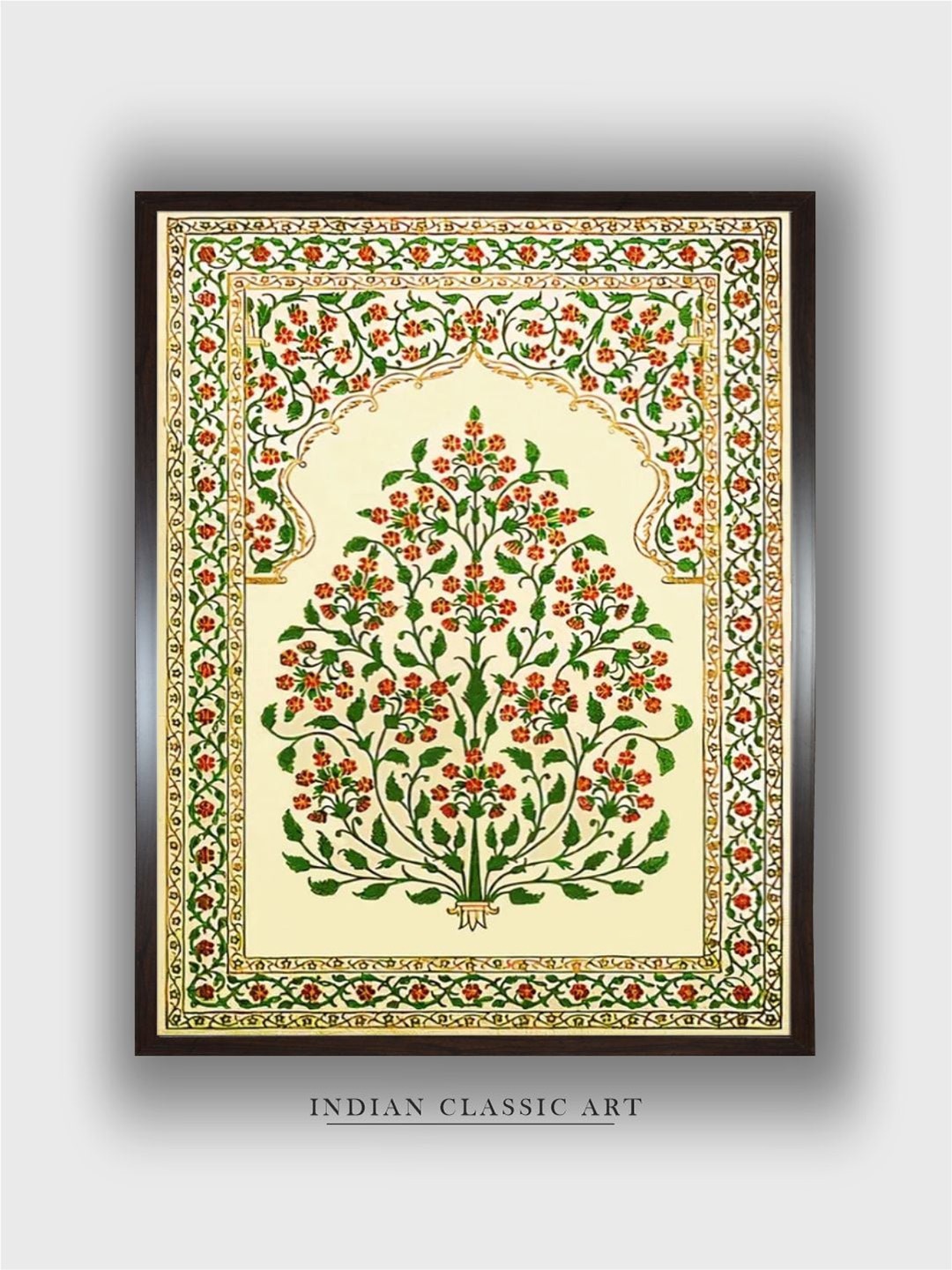 

INDIAN CLASSIC ART Cream-Colored & Green Vintage Pichwai Framed Painting Wall Art