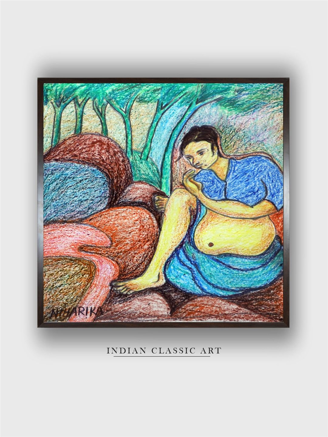 

INDIAN CLASSIC ART Brown & Blue Indian Folk Painting Wall Art