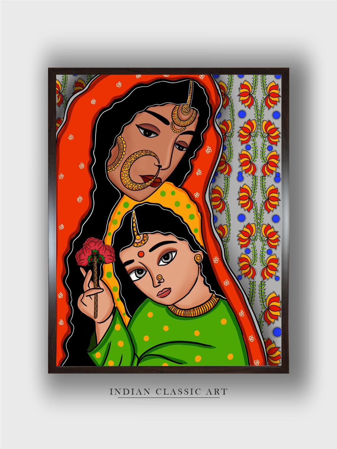 

INDIAN CLASSIC ART Red & Green Framed Painting Wall Art