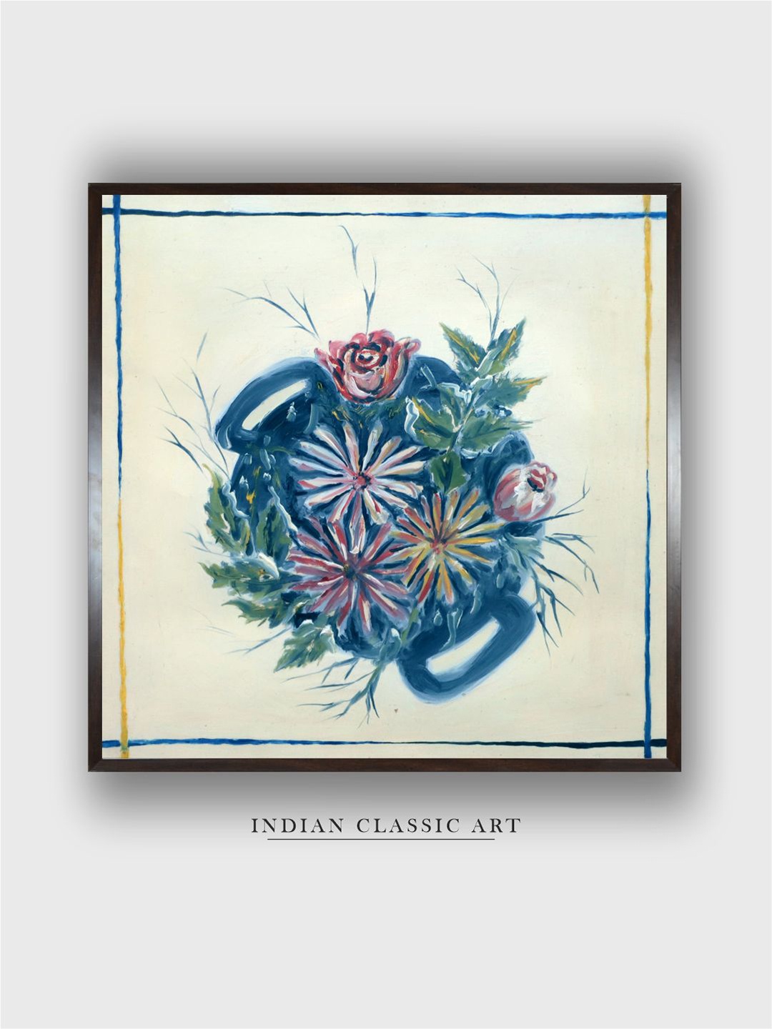 

INDIAN CLASSIC ART Cream Coloured & Blue Indian Folk Floral Painting Wall Art