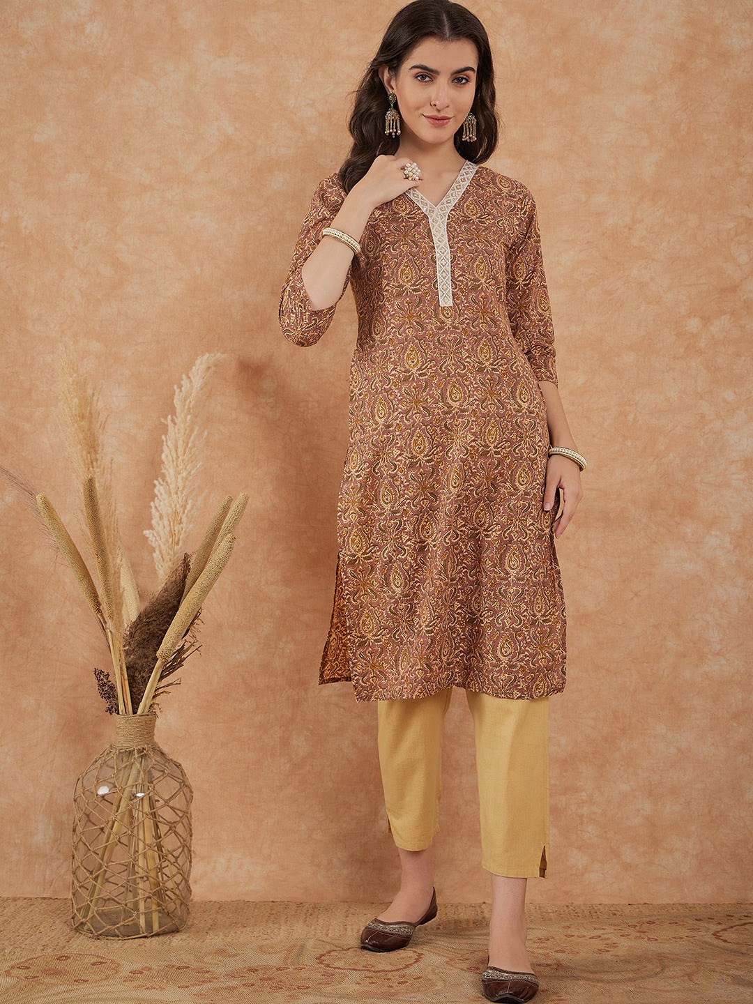 

InWeave Ethnic Motifs Printed V-Neck Gotta Patti A-line Kurta, Brown