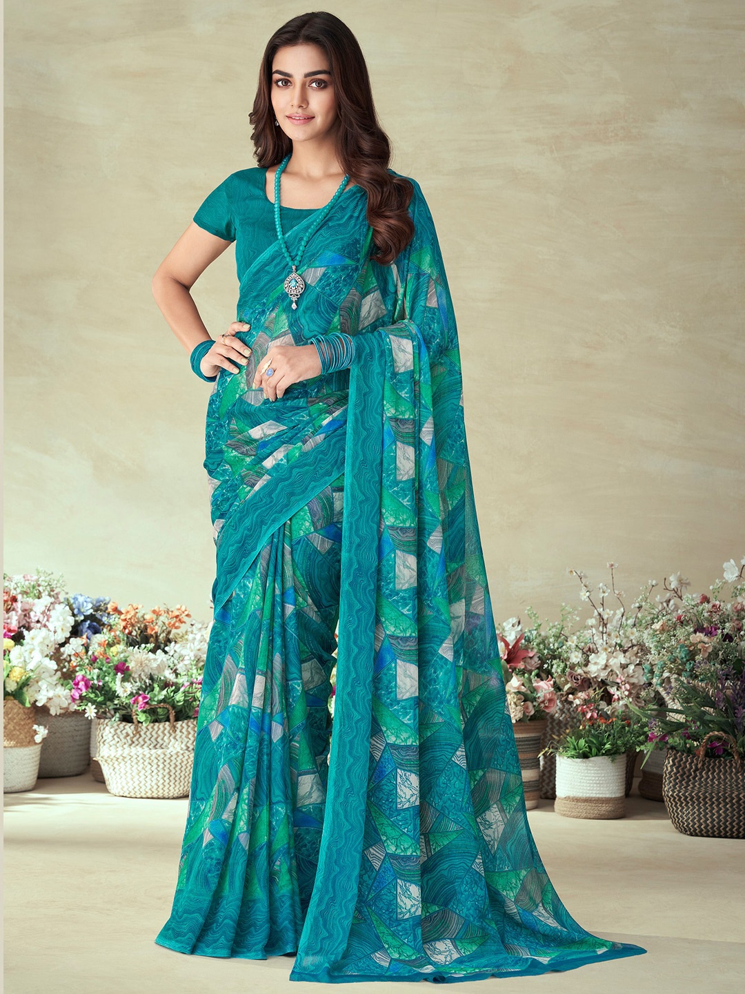 

KALINI Geometric Printed Saree, Blue