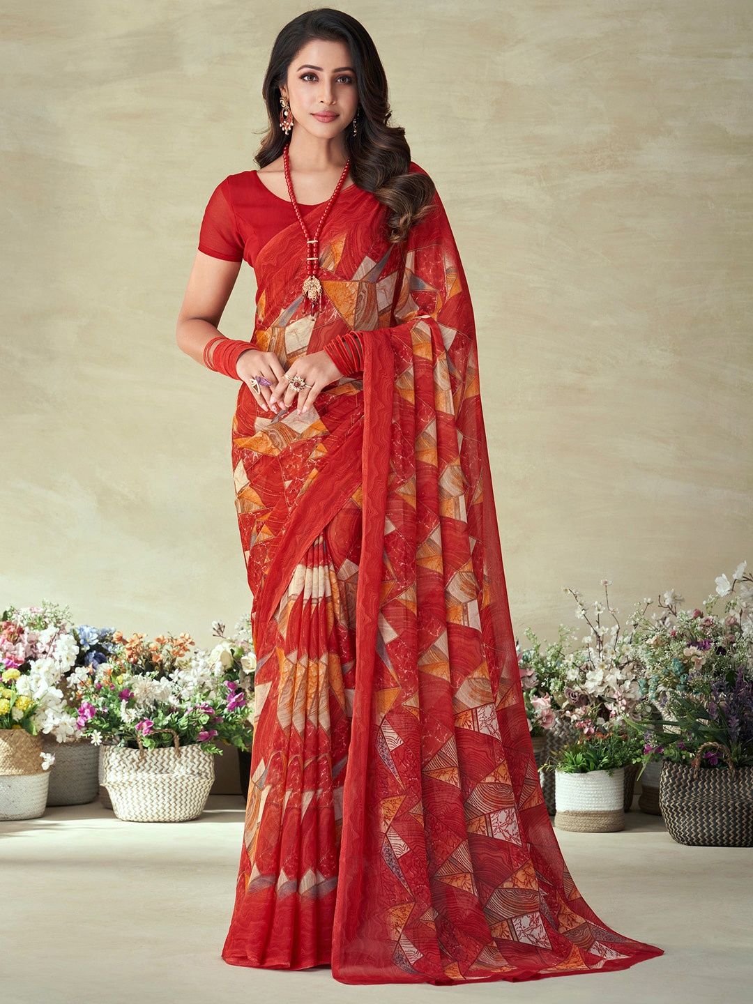

KALINI Geometric Printed Saree, Red