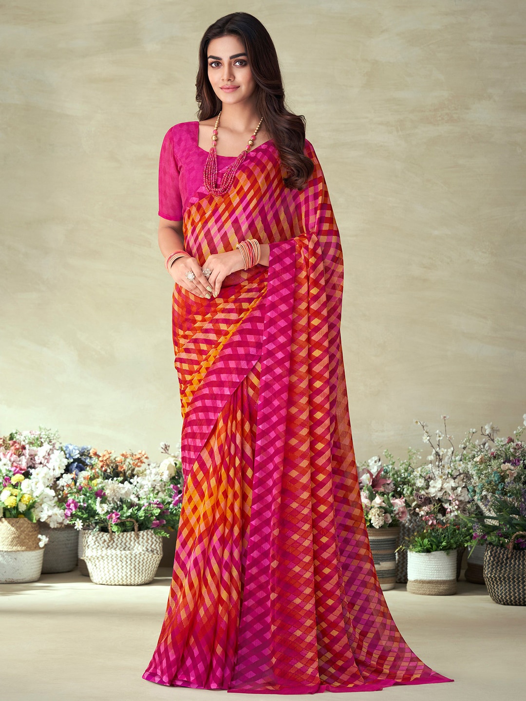 

KALINI Checked Saree, Pink