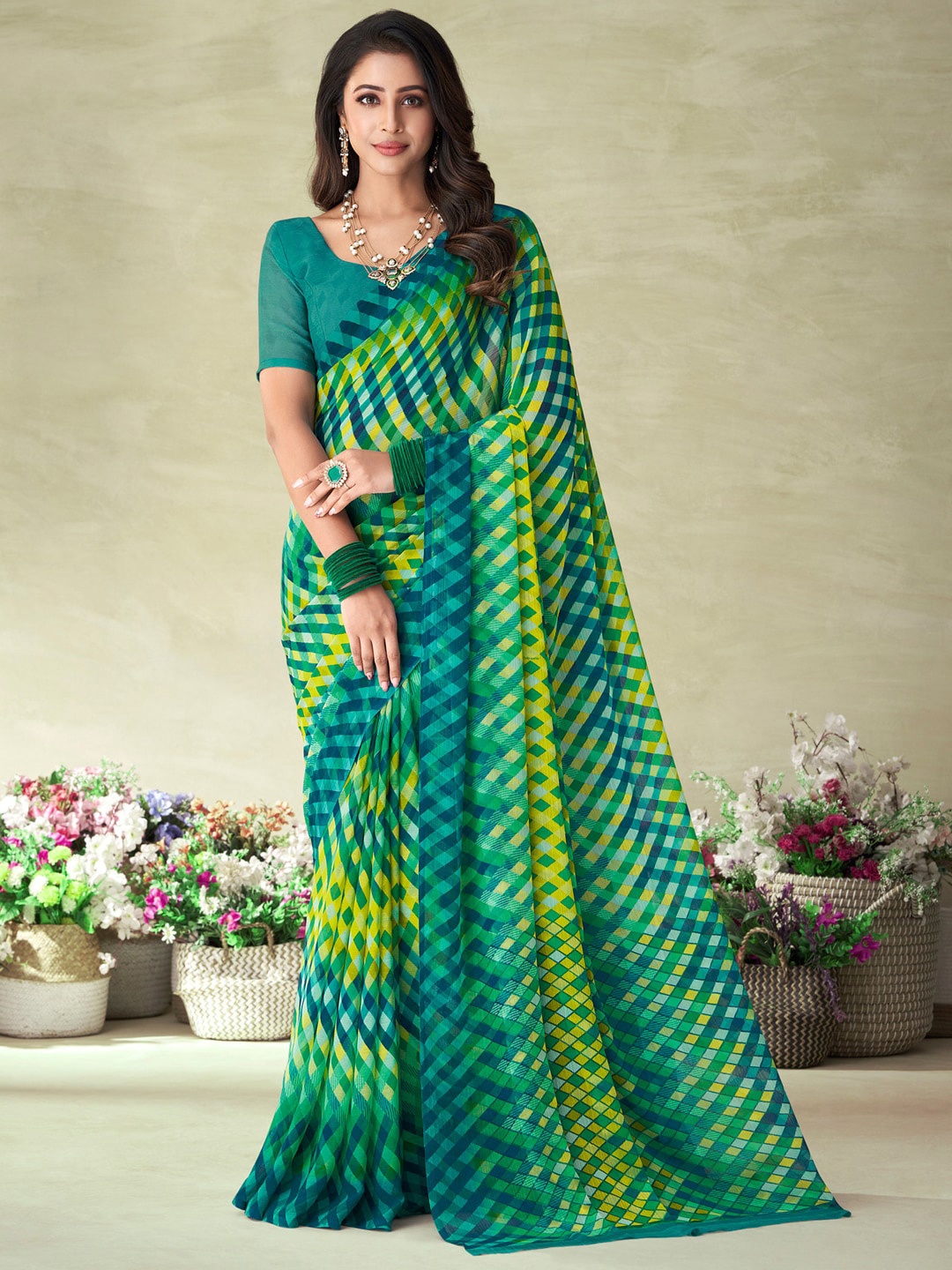

KALINI Checked Saree, Green