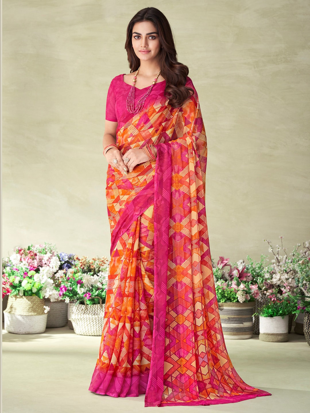 

KALINI Geometric Printed Saree, Orange