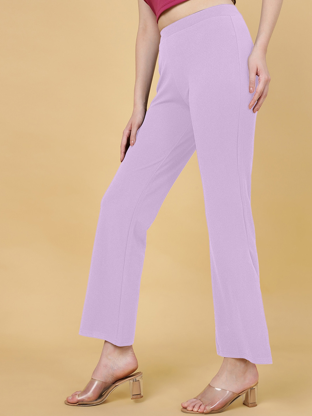 

FITHUB Women Relaxed Straight Leg Flared High-Rise Cotton Easy Wash Trousers, Lavender