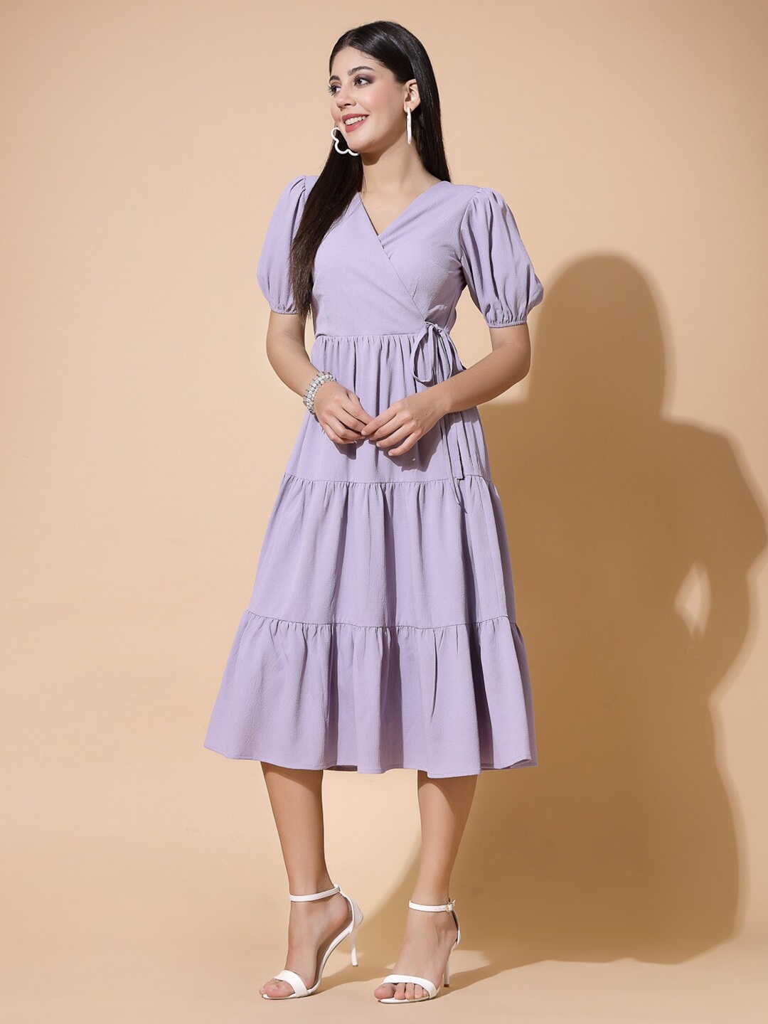 

Strong And Brave Puff Sleeves Wrap Midi Dress, Lavender