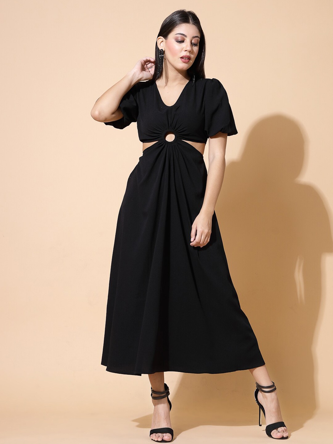 

Strong And Brave Puff Sleeve Cut-Outs A-Line Midi Dress, Black