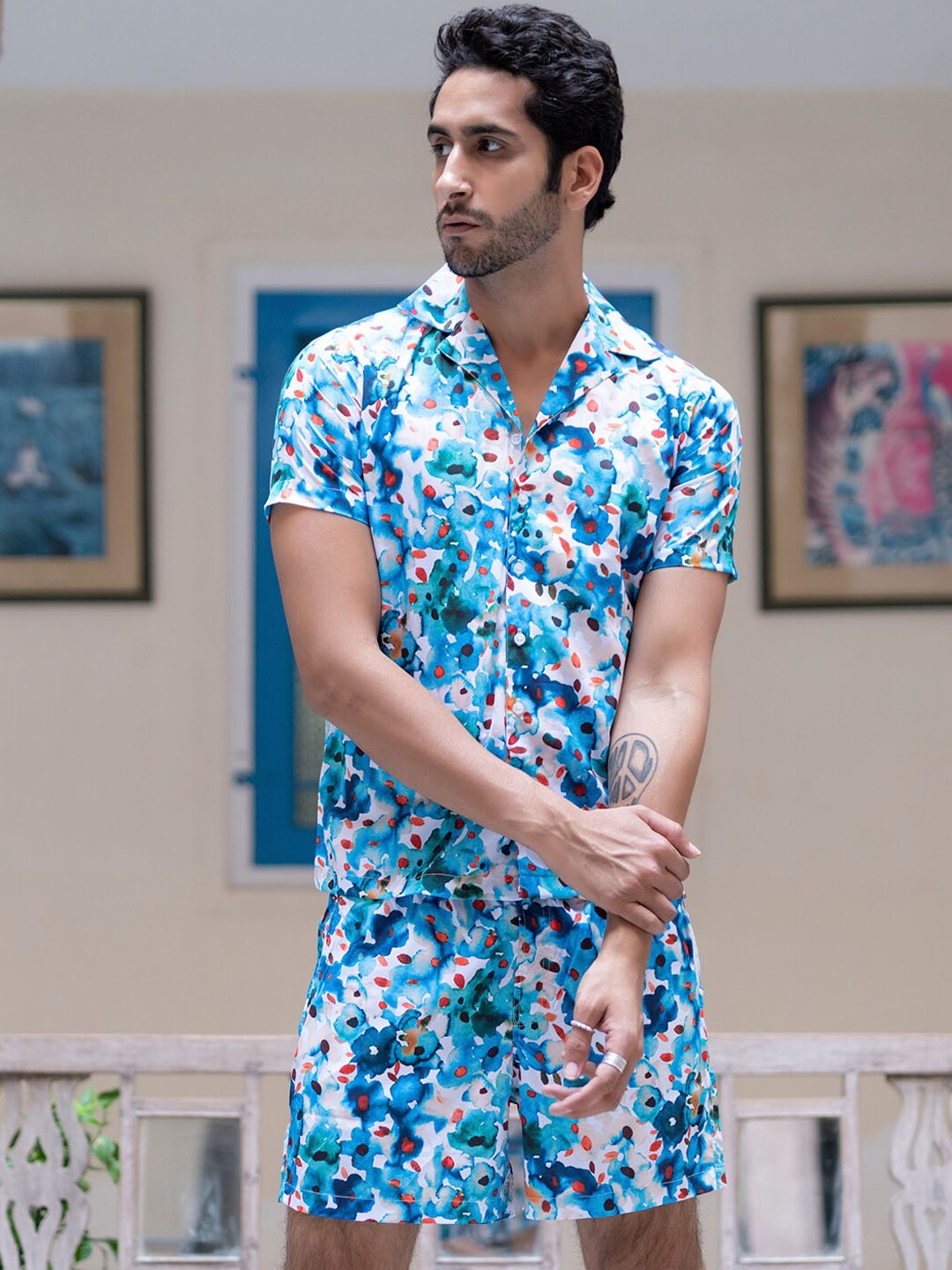 

Tistabene Floral Printed Cuban Collar Shirt & Shorts, Blue