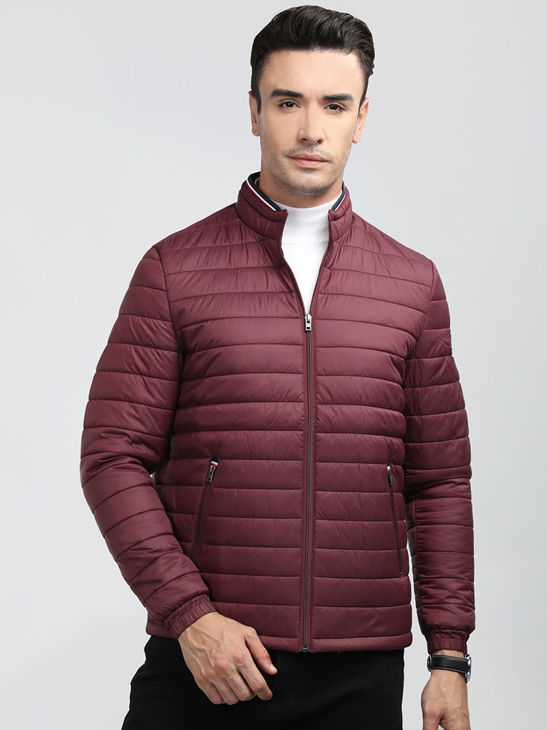 

LURE URBAN Mock Collar Puffer Jacket With Zip Detail, Maroon