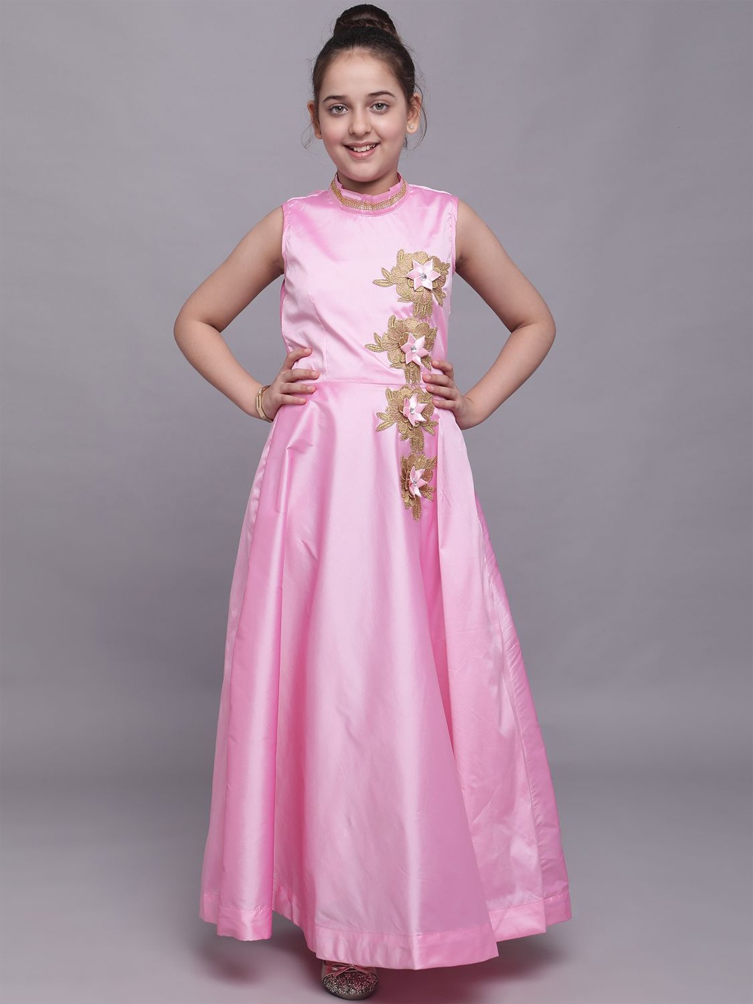 

BAESD Girls High Neck Embellished Silk Fit & Flare Maxi Dress, Pink