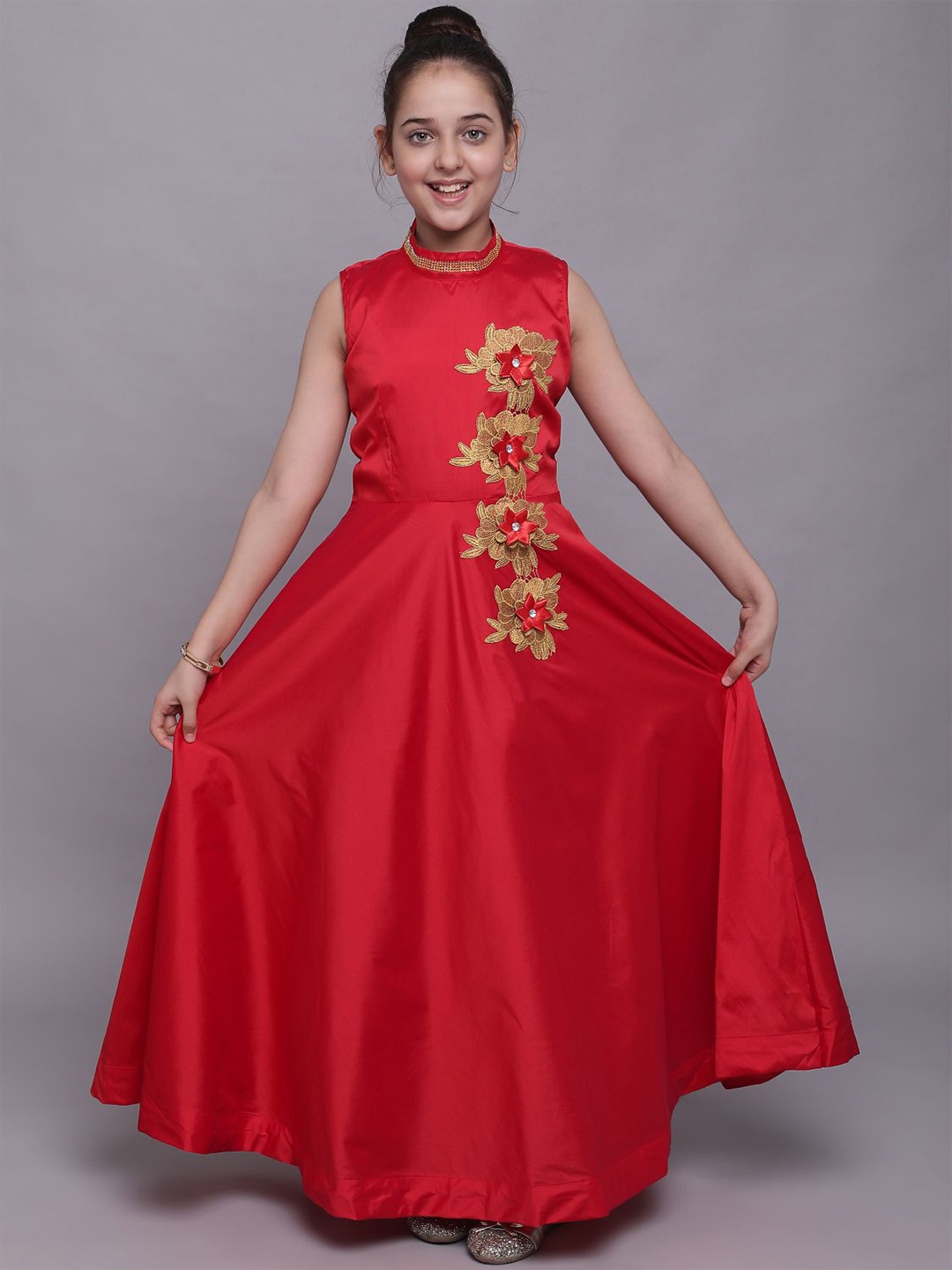 

BAESD Girls Floral Embroidered Silk Maxi Dress, Red