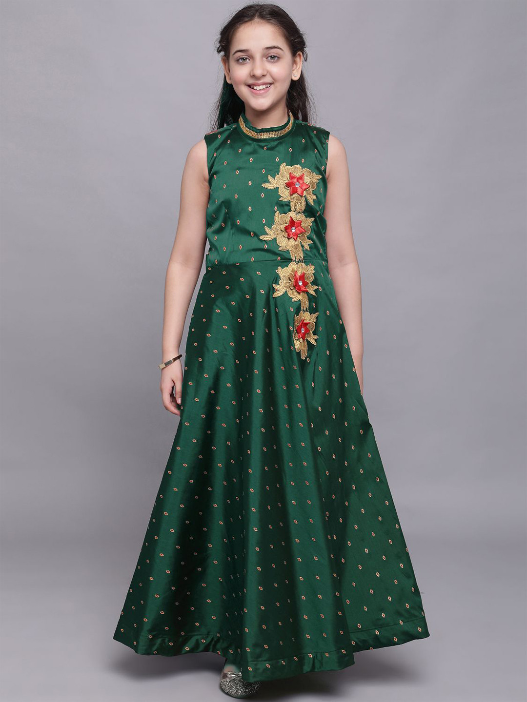 

BAESD Girls Floral Embroidered Silk Maxi Dress, Green