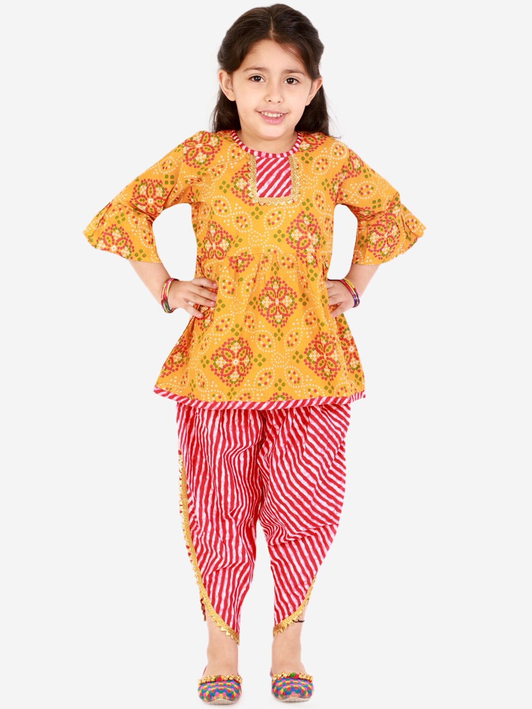 

Superminis Girls Bandhani Printed Pure Cotton Bell Sleeves Kurti With Salwar, Orange