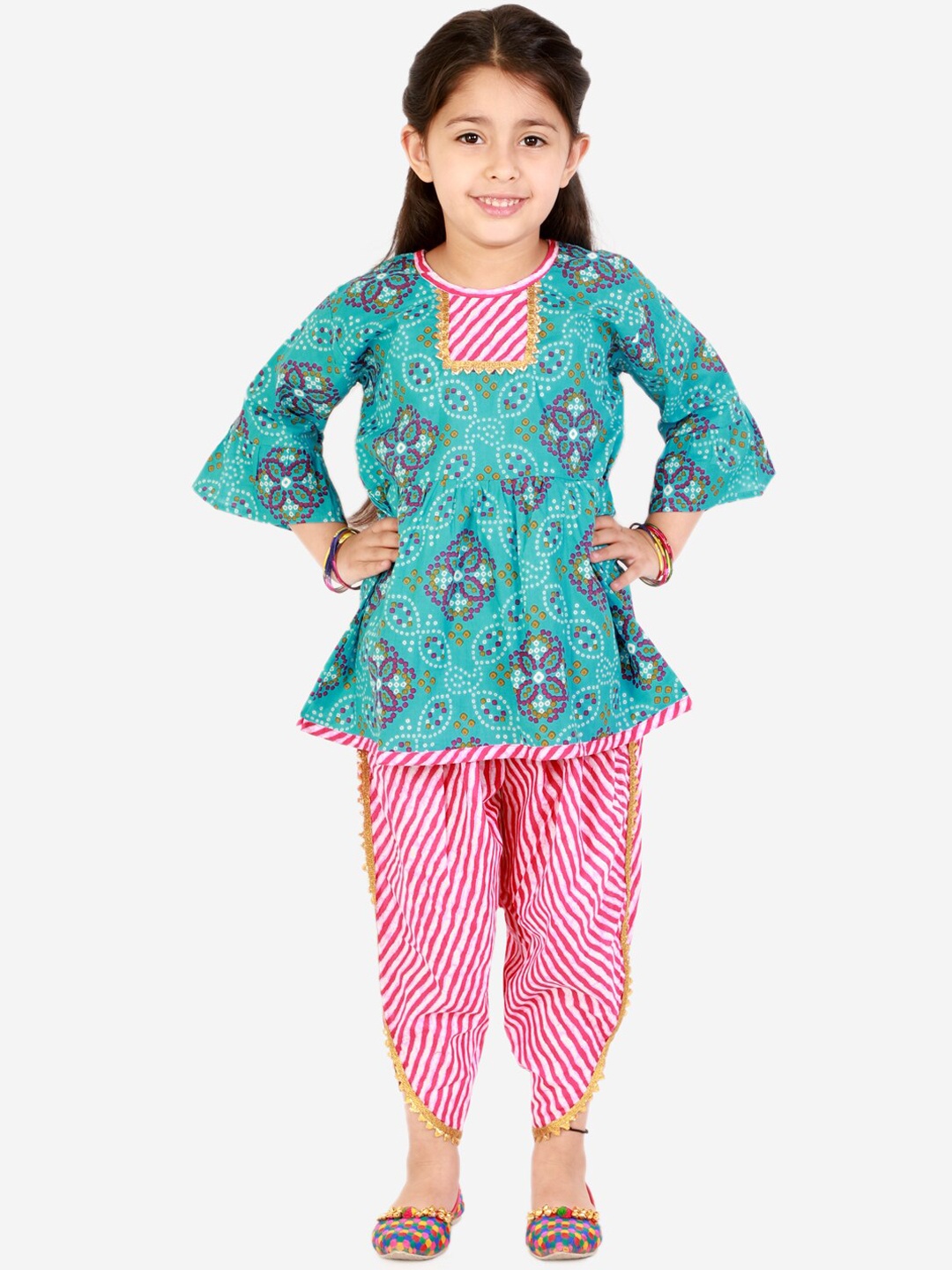 

Superminis Girls Bandhani Printed Pure Cotton Bell Sleeves Kurti With Salwar, Blue