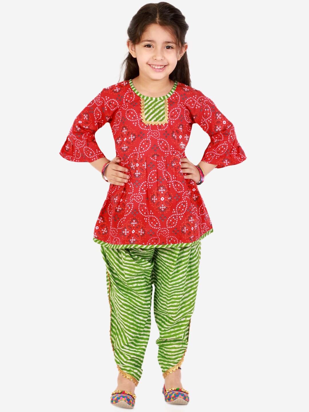 

Superminis Girls Bandhani Printed Pure Cotton Bell Sleeves Kurti With Salwar, Red