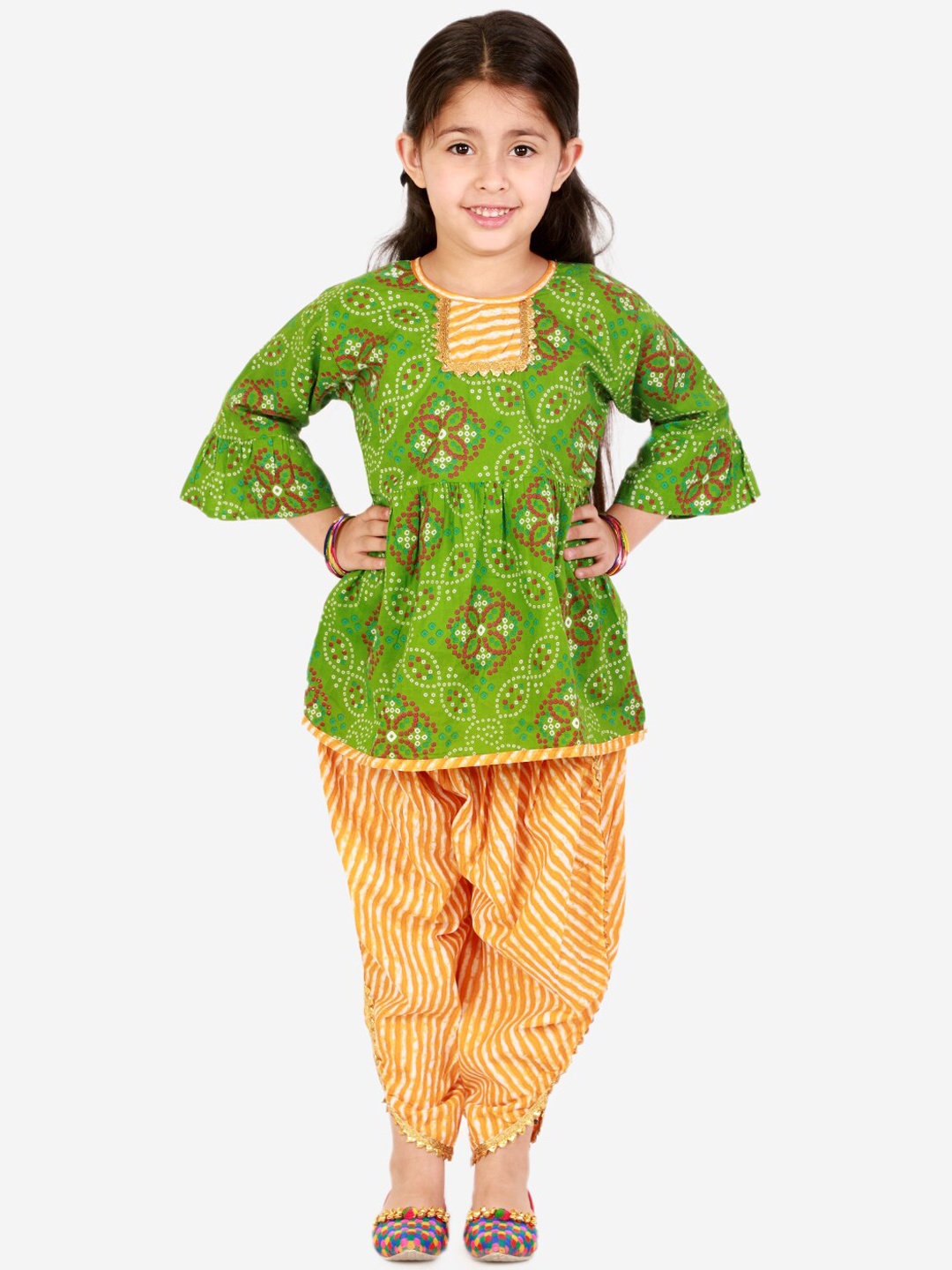 

Superminis Girls Bandhani Printed Pure Cotton Bell Sleeves Gotta Patti Kurti With Salwar, Green