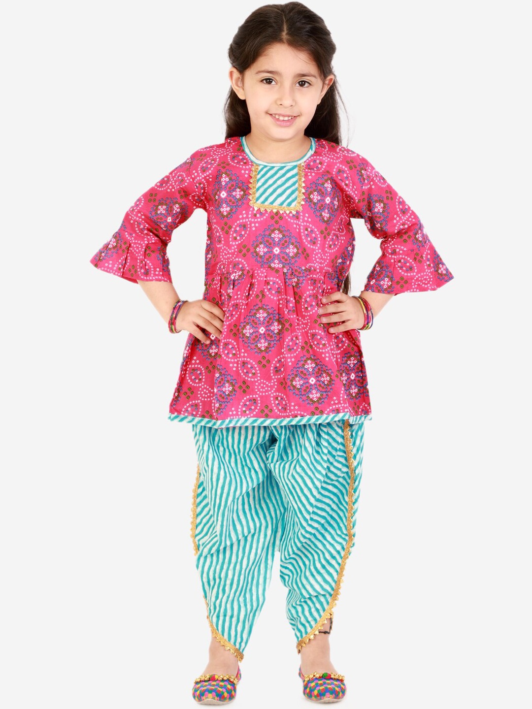 

Superminis Girls Bandhani Printed Gotta Patti Pure Cotton Kurti With Salwar, Pink
