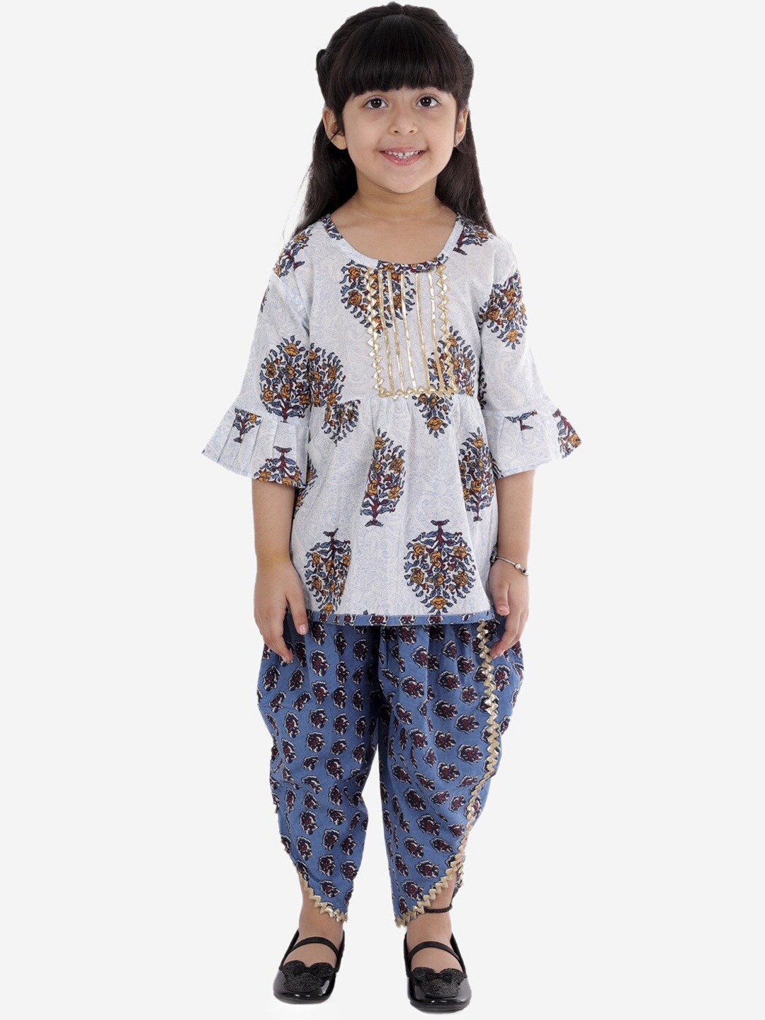 

Superminis Girls Floral Printed Gotta Patti Pure Cotton Kurti With Salwar, Blue