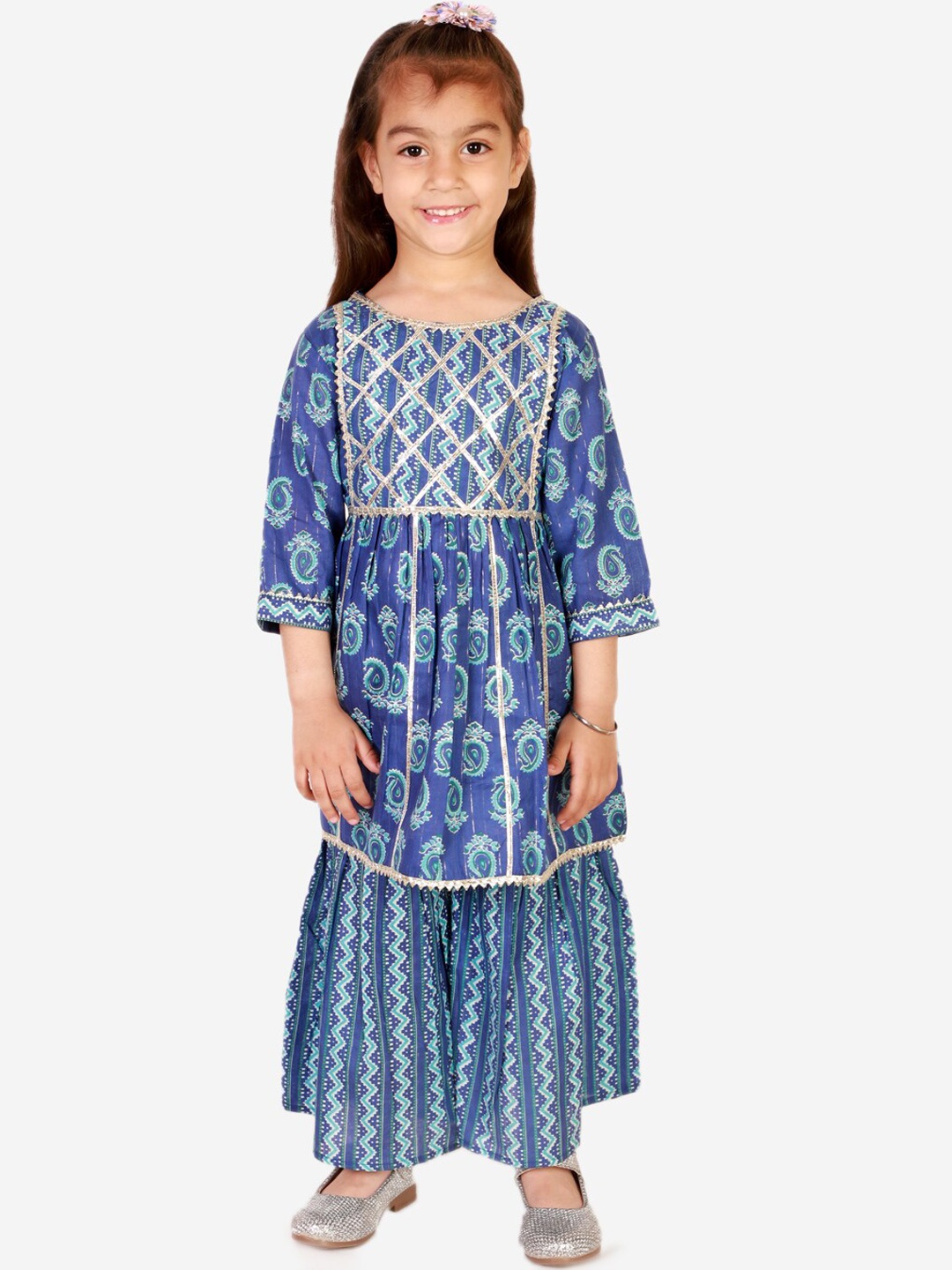 

Superminis Girls Ethnic Motifs Printed Pure Cotton Gotta Patti Kurti With Sharara, Blue