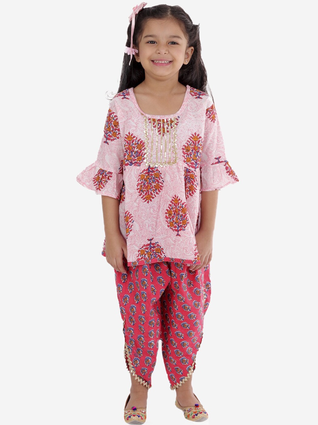 

Superminis Girls Floral Printed Pure Cotton Bell Sleeves Gotta Patti Kurti with Salwar, Pink