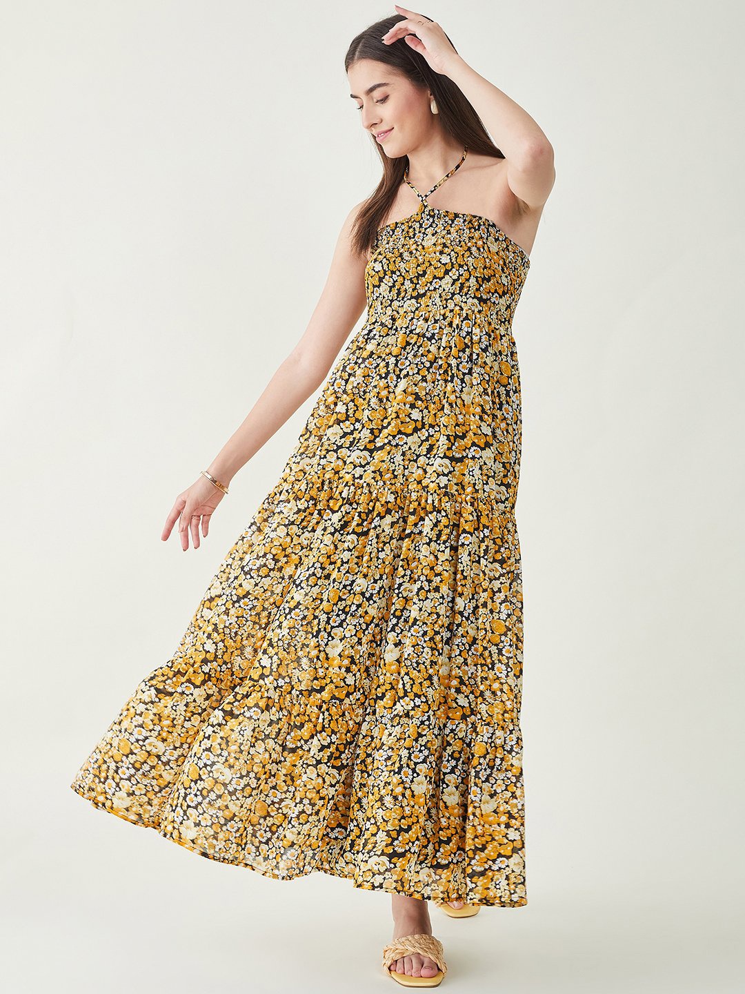 

JUNE & HARRY Floral Printed Halter Neck Smocked Tiered A-Line Dress, Mustard